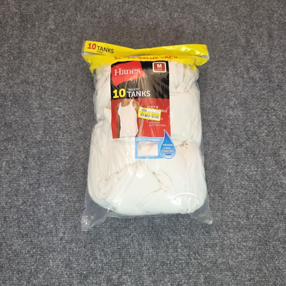 HANES 10 PACK MENS MEDIUM 38-40" WHITE TAGLESS TANKS UNDERSHIRT TANK TOP NEW
